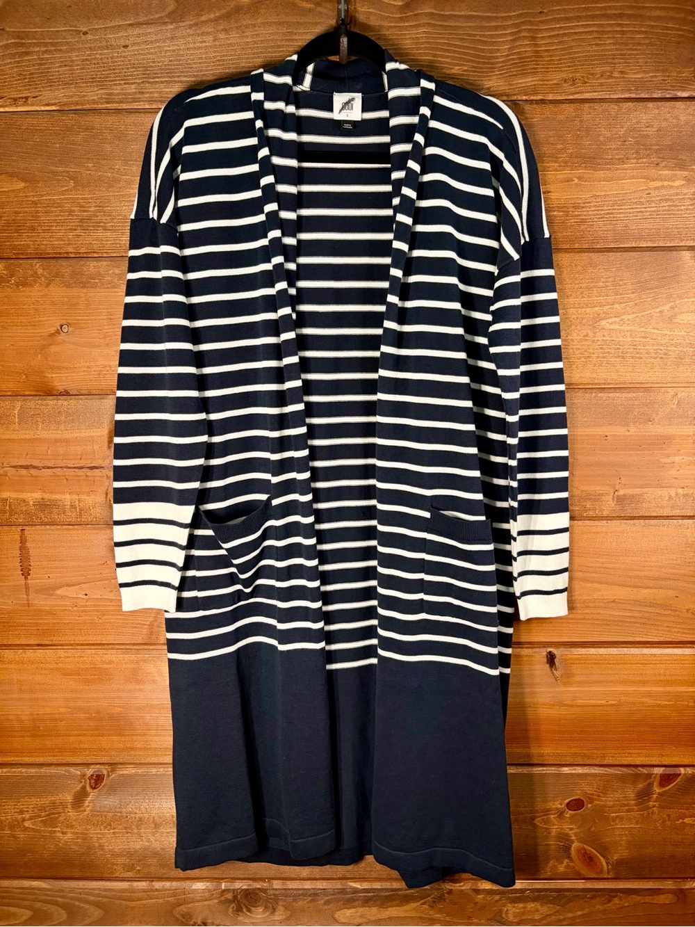 Cabi NWOT Boathouse Open Cardigan Navy White Stripe Long Duster Size Small 💕